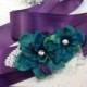 Peacock Teal Blue Purple Sash and Hair Clip 3 Peice Set for Flower Girl - Silk Flower Headband and Belt for Wedding Pageant Birthday Gift