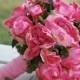 Silk bridal bouquet hot pink, cerise, cabbage rose, greens, summer, matching boutonnieer