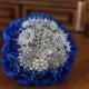 Brooch bouquet with Royal Blue paper roses. Dark Imperial Blue wedding brooch bouquet. Bridal Denim Blue broach bouquet. Jeweled bouquet