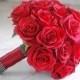 Silk bridal bouquet, red roses, matching boutonniere