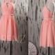 2015 Pink Chiffon Bridesmaid dress, Coral Wedding dress, Short Bush Pink Party dress, a line Formal dress, Prom dress knee length (F046B)