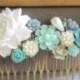 Blue Wedding Comb Turquoise White Mint Blue Bridal Hair Comb Pastel Teal Flower Statement Floral Headpiece Maid of Honor Bridesmaid Gift