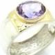 Wide amethyst hammered silver and gold ring