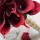 Real Touch Dark Red Calla Lily Bouquet and Boutonniere with Ivory and Gold Ribbon, Calla Lily Bouquet, Bridal Bouquet, Real Touch Bouquet
