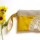 Saffron Linen Burlap Vintage Doily Zipper Wristlet - Amber Wedding - Mustard Bridesmaid Gift