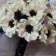Wedding Silk Ivory Anemones Wedding Bouquet accented with Black Ostrich & guinea feathers  with Matching Anemone Boutonniere