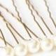White Pearl Hair Pins. Set of 5, 8mm White Swarovski Crystal Pearls. Bridal Hair Pins. Wedding Hair Accessories.