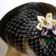 Three Petal Blusher Veil with Vintage gold Blossom (5 fastner options and 12 veil colors) feather fascinator for wedding,derby,1940s fashion