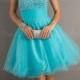 A-line One Shoulder Paillette Blue Sleeveless Short Tulle Prom Dresses / Homecoming Dresses