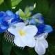 TROPICAL HAIR COMB -  The "Aloha", Hawaiian Plumeria, Blue Delphinium, Bridal, Pearls, Beach Wedding, Silk Hair Flower, Headpiece, Hair clip
