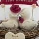 Rustic Love Bird Wedding Cake Topper, Burgundy, Beige Love Birds in Nest - Personalized Heart and Banner,