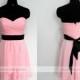 Handmade Sweetheart Pink Chiffon Knee Length Bridesmaid Dress With Black Sash / Pink Homecoming Dress/ Short pink Prom Dress By Wishdress