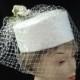 Hand Made Bridal Pillbox Hat Ivory Bridal Embroidered Satin Ivory Veil Netting