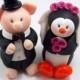 Wedding Cake Topper, Pig Figurine, Polymer Clay Penguin, Personalized Bride and Groom
