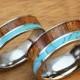 Pair of Tungsten Carbide Ring with Hawaiian Koa Wood and Turquoise Inlay (6&8mm width, flat shaped)
