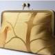 ON SALE Golden Brown Embroidered Bird Purse Clutch:  Kisslock Frame Embroidered Silk Purse