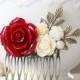 Red Wedding Hair Accessory Bridal Hair Comb Large Red Rose Cream Ivory Flower Leaf Pearl headpiece Red Bridal Hairpiece Bridesmaid Gift