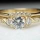 Vintage Antique Style Diamond Engagement Ring & Wedding Band Set Vintage Style Yellow Gold Engagement Ring Round Diamond Bridal Set Petite