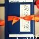 wedding invitations, navy blue wedding invitation, tangerine wedding invitations, calligraphy script wedding invitation with ribbon belt