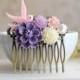 Pink Bird Purple Chrysanthemum Pearl Ivory Daisy Flower Collage Hair Comb. Floral Filigree Comb, Purple Wedding Bridal Comb, Bridesmaid Gift