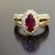 18K Yellow Gold Ruby Diamond Engagement Ring - 18K Gold Diamond Marquise Ruby Wedding Ring - 18K Halo Ruby Diamond Ring - 18K Halo Ruby Ring
