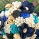 Brooch Bouquet, Peacock, Black, Navy Blue, Royal Blue, Turquoise, Beige, Wedding, Jeweled, Feathers, Lace, Crystals, Pearls, Elegant