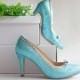 Aqua blue glitter wedding shoe with silver bow, turquoise gleam bride bridal heel, sparkle bridesmaid shoe, Something blue for bride