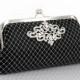 Mother of the Bride Gift, Black Clutch with Rhinestone Geometric Brooch (lace cross) 8-inch PASSION ARTDECO