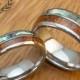 Tungsten Carbide Pair Ring Set with Abalone Shell and Koa Wood Inlay (6 & 8mm width, Barrel shaped, Comfort fit)