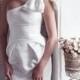 ON SALE One-shoulder pleated tulip skirt short wedding dress, little white dress  M9, Romantic wedding gown, Classic bridal dress