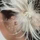 Champagne and Ivory Feather Peacock Birdcage Fascinator with Fresh Water Pearl and Rhinestone Center - Calissa