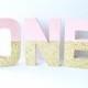 Gold and Blush Glitter Letters, "ONE", 1, 1st Birthday, Birthday Party Decor, Paper Mache Letters, Home Decor, Gold Paper Mâché Letters
