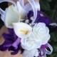 2 pc. Purple and White Real Touch Silk Wrist Corsage and Boutonniere Combo For Weddings or Prom / Wrist Corsage / Prom Corsage