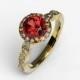 Engagement Ring with Red Ruby in 14K Yellow Gold and Round Halo Set with Diamonds, Custom Wedding Jewelry.