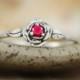 Delicate Red Ruby Rose Engagement Ring in Sterling - Silver Diamond Alternative Rose Promise Ring, Commitment Ring - July Birthstone Ring