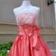 Ivory Lace Watermelon Red Taffeta Scoop Neckline Bridesmaid Dress With Bow Zipper Back Knee Length Prom Dress