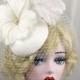 Ivory Birdcage Veil, Feather Fascinator, Bridal Hat, Feather Flower, Swarovski Crystal, Victorian Veil, Blusher Veil, Burlesque Headpiece