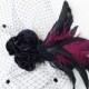 Black Birdcage Veil, Feather Fascinator, Black Rose, Satin, Chenille Dot, Iridescent Green, Victorian, Gothic - Batcakes Couture