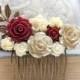 Bridal Hair Comb Dark Red Wedding Hair Accessories Flower Collage Comb Ivory Cream Rose Gold Rose Branch Leaf Leaves Romantic Vintage Style