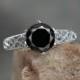 Black Spinel Filigree Milgrain Solitaire Engagement Ring 2ct 8mm 14k 18k White Yellow Rose Gold-Platinum-Custom-Wedding-Anniversary-Round