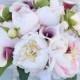 Bouquet of Silk Blush Pink Peonies and Purple Heart Picasso Natural Touch Calla Lily Flower Wedding Bride Bouquet - Almost Fresh