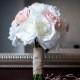 Wedding Bouquet White and Pink Burlap Rose Silk Wedding Bouquet Rustic Shabby Chic Bridal Bouquet