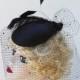 Women's Black Hat, Feather Fascinator, Black Veil , As seen on Glee, forties style, tilted crystal half veil, Batcakes Couture