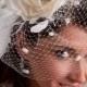 Bridal Birdcage Veil Wedge with Silk Flower, Fly-Away Netting and Rivoli Crystal Rhinestone Center