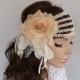 Juliet Cap Veil, Rustic Bridal Headpiece, Retro Wedding Headband, Headdress Fascinator Ecru Antic Beige Lace Hair Blush Silk Flower Handmade