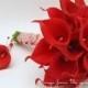 Red Real Touch Calla Lily Bridal Bouquet Groom's Boutonniere Red Ribbon Ivory Lace Wrap - Wedding Bouquet Real Touch Red Mini Calla Lilies