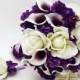 Bridal Bouquet Real Touch Picasso Callas White Roses Purple Hydrangea Real Touch Rose Grooms Boutonniere Purple Plum White Wedding Bouquet