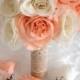 17 Piece Package Silk Flowers Wedding Bouquet Artificial Bridal Bouquets Decoration PEACH IVORY BURLAP Lace Rustic "Lily of Angeles" IVPE01