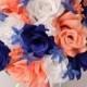 17 Piece Package Wedding Bouquet Bride Silk Flowers Bridal Party Bouquets Decoration CORAL DARK BLUE Navy Royal White Lily of Angeles COBL01