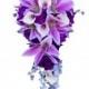 Cascade bouquet&Boutonniere:Shades of purple,lavender,and white